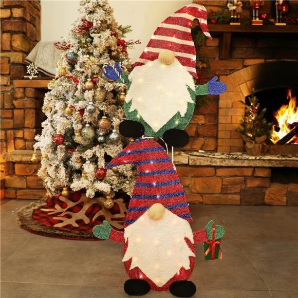 2 Pack Pre-Lit Light Up Gnomes, 50 Lights Lighted Gnome Christmas Decoration - Picture 4 of 6